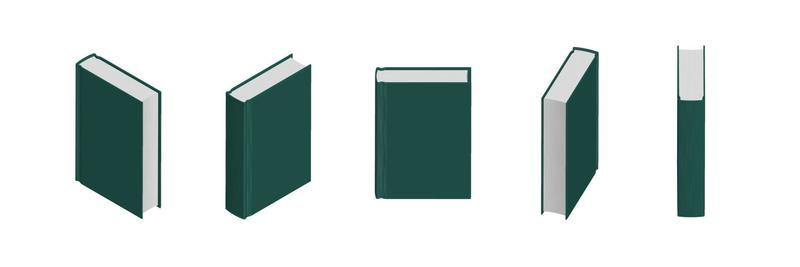 Set of closed dark green books in different positions for bookstore
