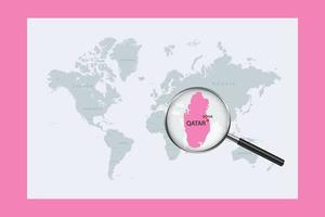 Map of Qatar on political world map with magnifying glass vector
