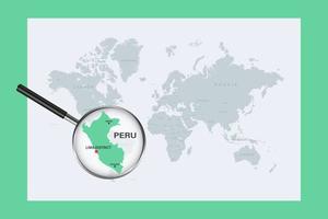 Map of Peru on political world map with magnifying glass vector