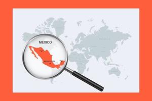 Map of Mexico on political world map with magnifying glass