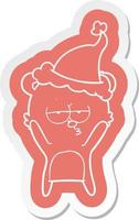 bored bear cartoon  sticker of a wearing santa hat vector