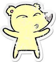 distressed sticker of a cartoon whistling bear with open arms vector