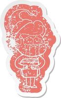 cartoon distressed sticker of a crying man holding book wearing santa hat vector