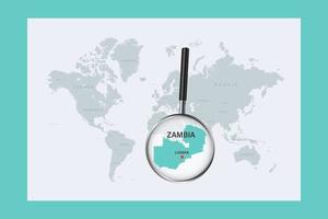 Map of Zambia on political world map with magnifying glass vector