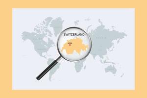 Map of Switzerland on political world map with magnifying glass vector