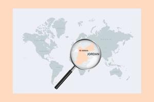 Map of Jordan on political world map with magnifying glass vector