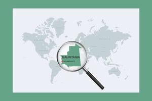 Map of Mauritania on political world map with magnifying glass vector