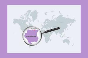 Map of Suriname on political world map with magnifying glass vector