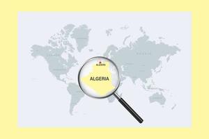 Map of Algeria on political world map with magnifying glass vector