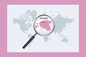 Map of Estonia on political world map with magnifying glass vector