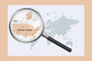 Map of United States of America on political world map with magnifying glass