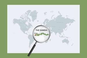 Map of The Gambia on political world map with magnifying glass vector