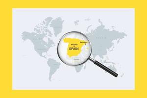 Map of Spain on political world map with magnifying glass vector