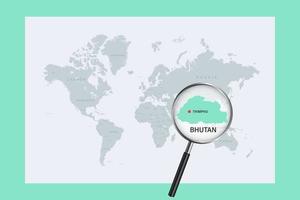 Map of Bhutan on political world map with magnifying glass vector
