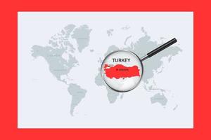 Map of Turkey on political world map with magnifying glass vector