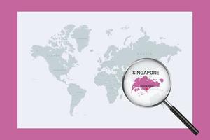 Map of Singapore on political world map with magnifying glass vector