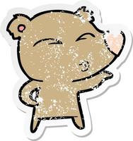 distressed sticker of a cartoon whistling bear vector