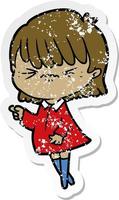 distressed sticker of a annoyed cartoon girl making accusation vector