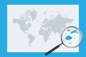 Map of Fiji on political world map with magnifying glass vector