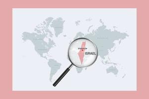 Map of Israel on political world map with magnifying glass vector