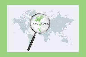 Map of Faroe Islands on political world map with magnifying glass vector