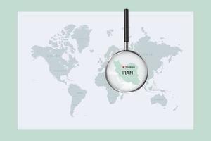 Map of Iran on political world map with magnifying glass vector