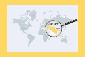 Map of Uzbekistan on political world map with magnifying glass vector