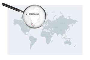 Map of Greenland on political world map with magnifying glass vector