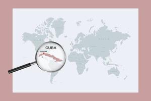 Map of Cuba on political world map with magnifying glass vector