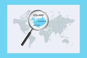 Map of Iceland on political world map with magnifying glass vector