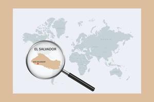 Map of El Salvador on political world map with magnifying glass vector