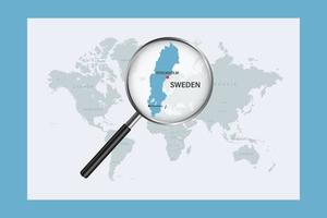 Map of Sweden on political world map with magnifying glass vector