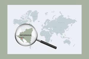 Map of Nicaragua on political world map with magnifying glass vector