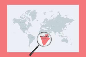 Map of Burundi on political world map with magnifying glass vector