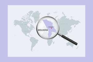 Map of Moldova on political world map with magnifying glass vector