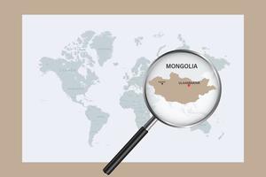 Map of Mongolia on political world map with magnifying glass vector