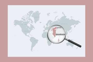 Map of Bahrain on political world map with magnifying glass vector