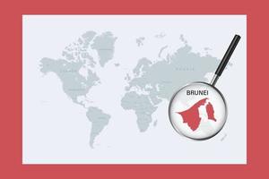 Map of Brunei on political world map with magnifying glass vector