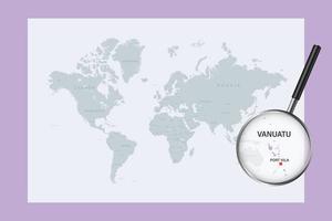 Map of Vanuatu on political world map with magnifying glass vector