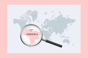 Map of Venezuela on political world map with magnifying glass vector