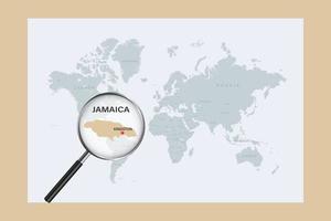 Map of Jamaica on political world map with magnifying glass vector