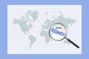 mapa de nepal en el mapa político del mundo con lupa vector