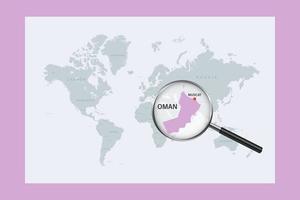 Map of Oman on political world map with magnifying glass vector