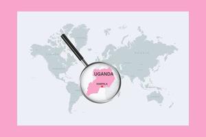 Map of Uganda on political world map with magnifying glass vector