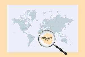 Map of Zimbabwe on political world map with magnifying glass vector