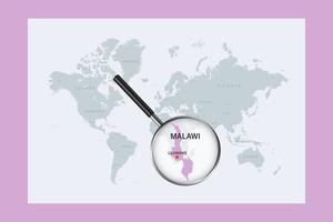 Map of Malawi on political world map with magnifying glass vector