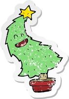 retro distressed sticker of a cartoon dancing christmas tree vector