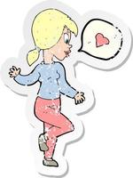 retro distressed sticker of a cartoon woman in love vector