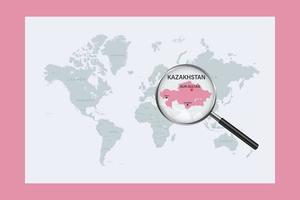 Map of Kazakhstan on political world map with magnifying glass vector