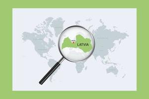 Map of Latvia on political world map with magnifying glass vector